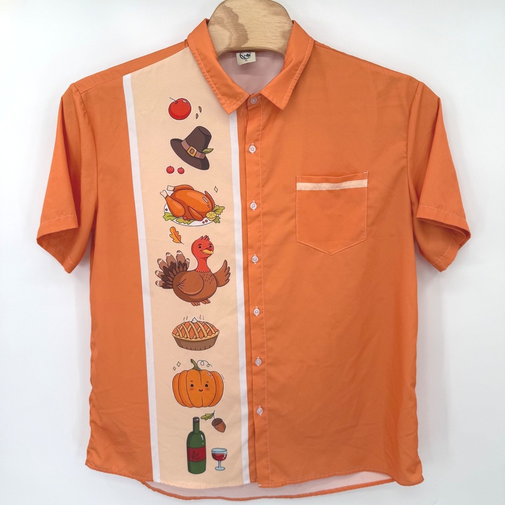 Hardaddy Button Down Mens XL Orange Thanksgiving Turkey Pumpkin Graphic Shirt